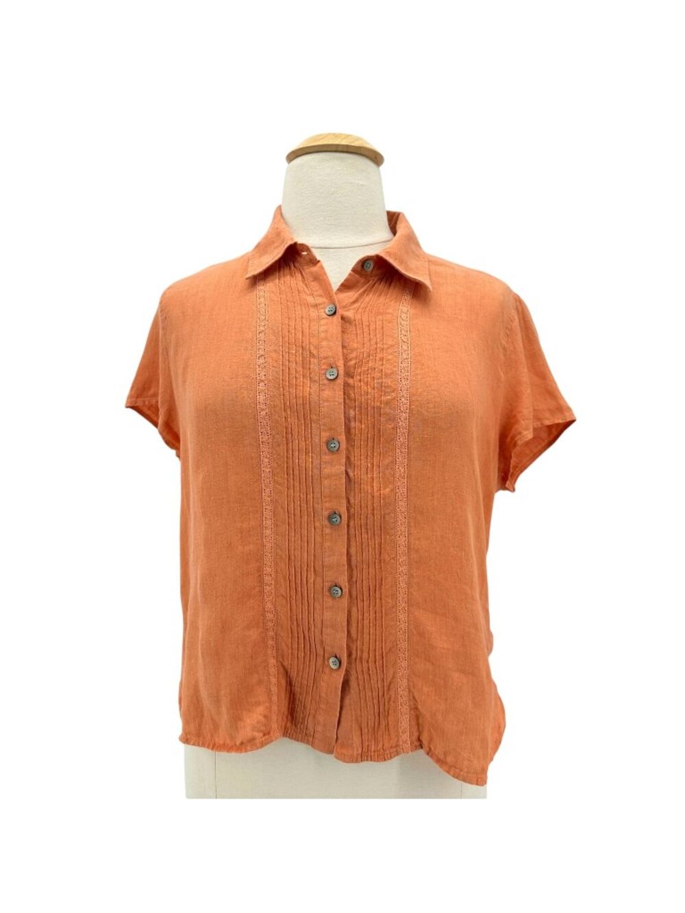 J. Jill Womens XL Top Linen Pleated Button Collared Short Sleeve Orange Boho